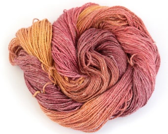 Light worsted DK yarn, hand dyed double knitting linen silk baby alpaca blend crochet yarn skein, Perran Yarns Sunset Party red orange gold