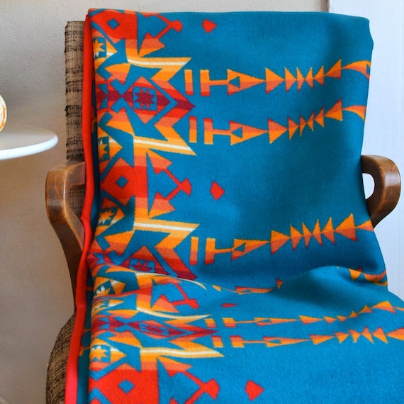 Wool Blanket Native American Design in Turquoise Blue Orange