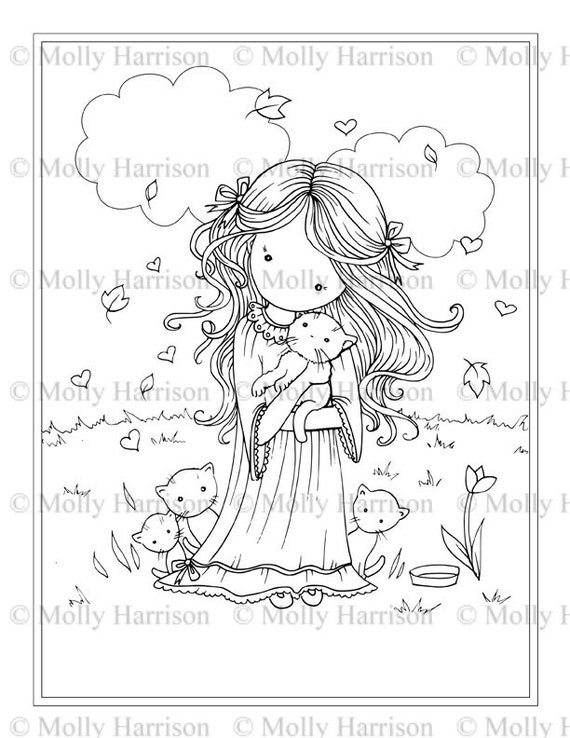 Little Girl Holding Kitty Cat Printable Coloring Page