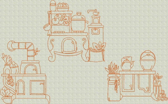 vintage kitchen redwork machine embroidery design