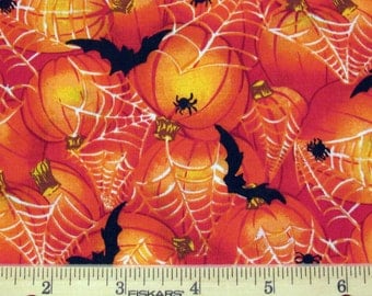 Fat Quarter Halloween Fabric Black Bats, Pumpkins, Spiders and White Spider Webs Allover on Orange - No Designer Label - OOP
