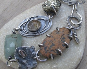 Chunky Silver Charm Bracelet Aquamarine Gemstone Bracelet Boho Silver Jewelry Pyrite Druzy Charm Bracelet Rustic Silver Jewelry Bracelet