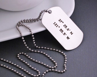 Custom Dog Tag Necklace, Father's Day Gift, Men's Latitude Longitude Jewelry, Custom GPS Coordinates Gift for Men, Husband Necklace Dog Tags
