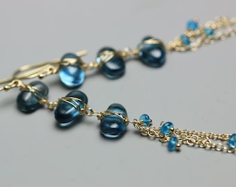 London Blue Topaz Earrings . Blue Topaz Pebble Earrings . Long Chain Earrings .