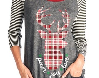 CLEARANCE SALE Christmas Shirt - Adult Holiday Shirt - Plaid Deer - Holiday Shirt - Shirt for Women - Shirt for Teens - Gift