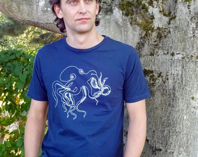 Mens T Shirt, Mens Print Tshirt, Screen Print Tshirt, Organic Cotton Tee, Tshirt Nautical, Mens Octopus Tshirt, Kraken, Octopus Tee