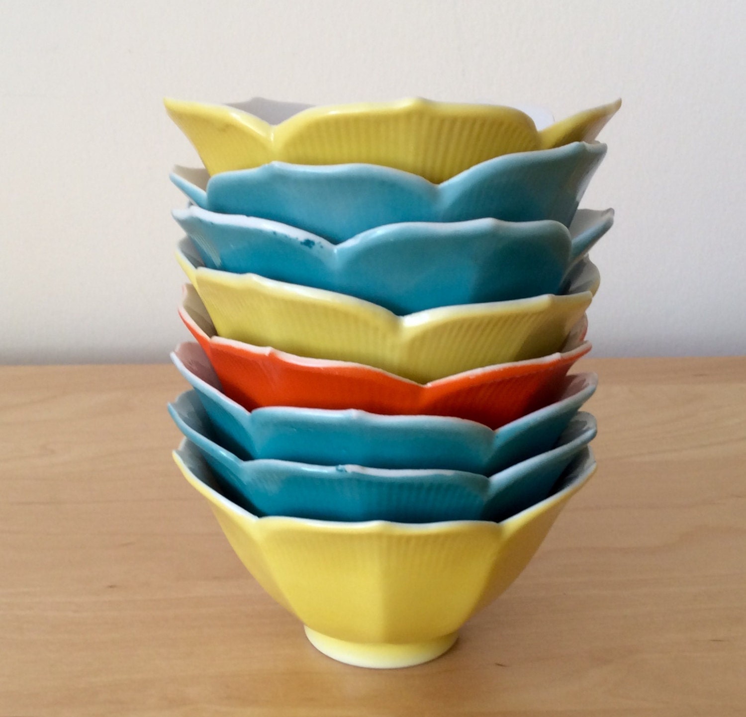 Vintage Japanese Lotus Bowls Yellow, Turquoise & Orange Set of 8