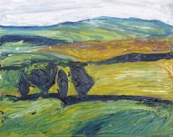 Art Landscape Oil Painting Impressionist Original Yellow Fall Appalachian Eastern Townships Quebec Canada Fournier " The Four Trees 16 x 20