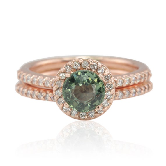Rose Gold Engagement Ring Mint Green Sapphire Wedding Set