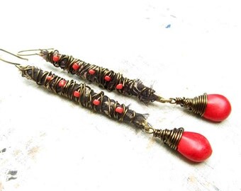 red earrings - dangle drop earrings - stone earrings - rustic stick earrings - Artisan boho bohemian jewelry