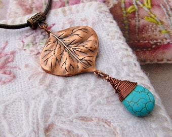 copper Leaf necklace turquoise necklace leather cord Bohemian Boho jewelry