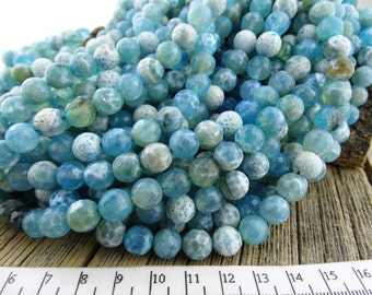 Fire Agate Beads, 8mm Blue Fire Agate Beads, Faceted Agate, Cracked Round Beads, Blue Beads, White Beads, Multi Color Gemstone Beads