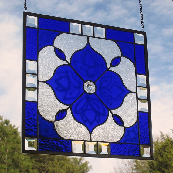Cobalt Blue Stained Glass Beveled Panel Geometric Design