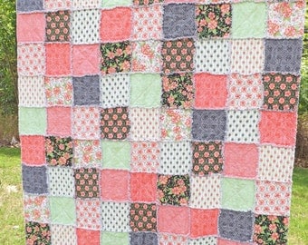 Made to Order Twin Rag Quilt - Twin Quilt - Pink and Green - Shades of Pink, Orange, Green - Floral Quilt - Girl Quilt
