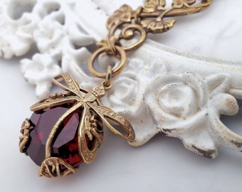 Deep red dragonfly necklace, lariat necklace, Art Nouveau asymmetrical necklace, dragonfly jewelry, filigree jewelry bug pendant necklace