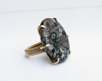 Fossil Ring, Crinoid ring, sea sediment, black stone ring, black pink white, geek jewelry, prong set, Paleozoic, ring size 8.75