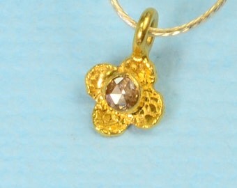 4.8mmx7mm 18k Solid Yellow Gold Rose Cut Champagne Diamond Flower Charm Pendant