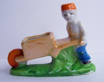 Vintage Ceramic with Lusterware Man with Cart Planter Figurine Pincushion