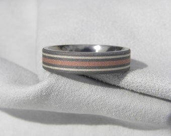 Titanium Silver and Copper Inlay Ring, Wedding Band, Mens Ring, Sandblasted