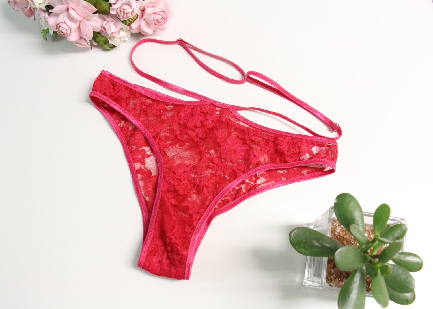 Strappy lace panties Brazilian cut pink lingerie valentines
