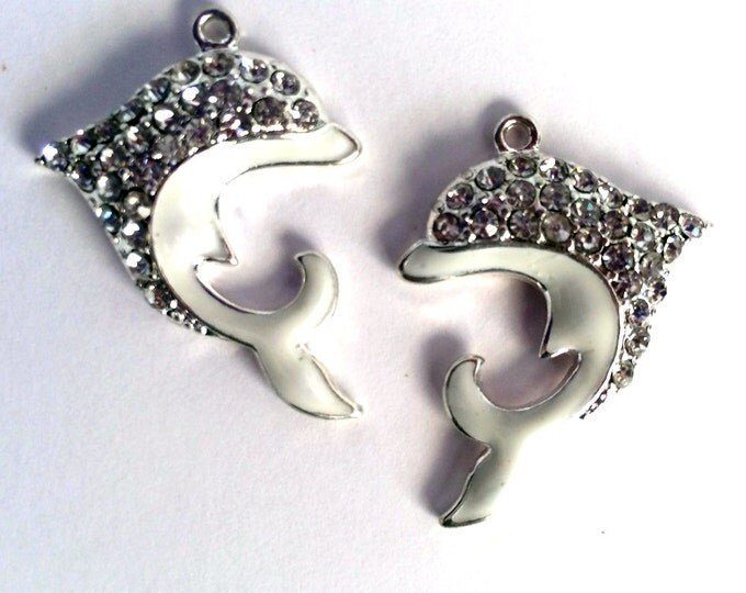 Pair of White Dolphin Charms Rhinestones Silver-tone