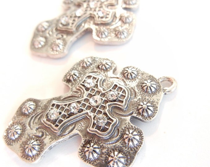 Pair of Antique Silver-tone Spanish Western Style Cross Charms with Rhinestone Accents