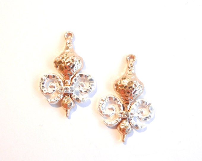 Pair of Two-toned Gold-Silver Hammered Fleur de Lis Charms Row of Rhinestone Accent