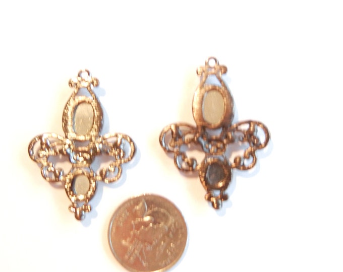 Pair of Burnished Gold-tone Fleur de Lis Charms with Rhinestones and Acrylic Faceted Gems