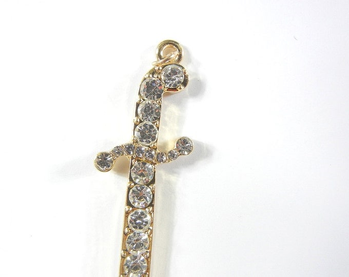 Long Gold-tone Sword Rhinestone Pendant