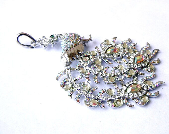 Peacock Pendant Aurora Borealis Rhinestone Encrusted Silver-tone