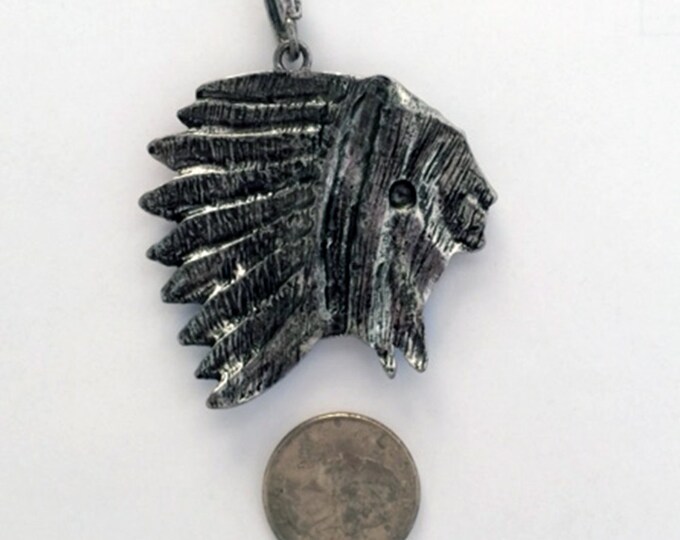 Large Indian Chief Head Pendant Painted Feathers Rhinestones Antique Silver-tone Jewel Tones
