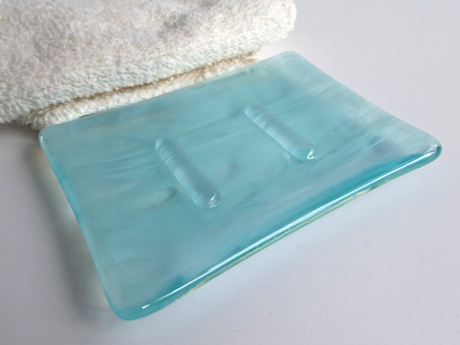 Streaky Aqua Fused Glass Soap Dish