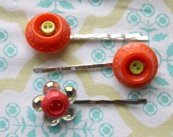 3 vintage orange button silver hair bobby pins,button,orange buttons,hair pins,button hair pins,orange button hair pins,,women,teens,girls
