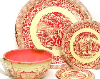 50's Tin toy tea set, Early American Colonial litho by Ohio Art Co. Scarce. Presidential.