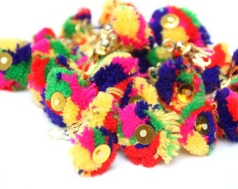 Small Pompom Tassles,Indian Small Latkans,Tribal Tassles Small, 10 Pieces,Pom Pom Multi Colored,Colorful Latkans, Ethnic,Gypsy, Belly Dance