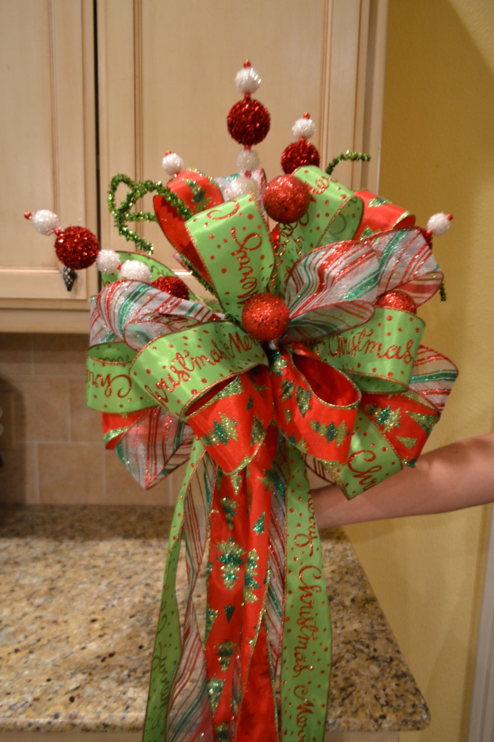 christmas tree ribbon tree topper with glitter balls christmas tree ribbon tree topper with glitter balls