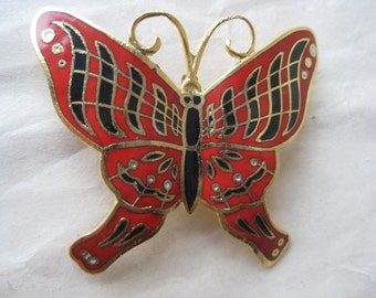 Butterfly Black Red Brooch Gold Enamel Vintage Pin Cloisonné Pendant