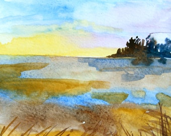 Sunset Watercolor Landscape, Small Watercolor Painting, Original Art