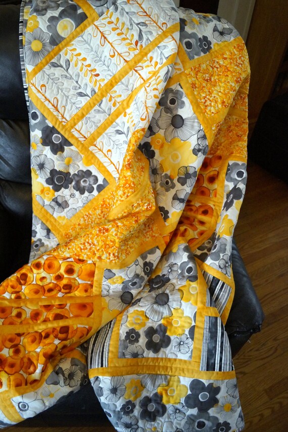 Queen Size Quilt In Modern Asian Inspired Floral Design, Yellow and