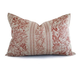 Linen Farmhouse Pillow Cover, Farmhouse Chic Pillow, Natural Rustic Pillow, Shabby Chic Decor, Rust Copper Floral, 18 20 22 24 26, 16x24