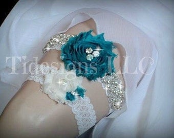 Teal Garter Set, Bridal garter, Wedding Garter, Luxury Garter Set,