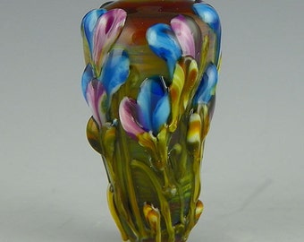 handmade lampwork glass bead a cone-shaped floral focal with bright blue & purple flowers - Midnight in the Garden