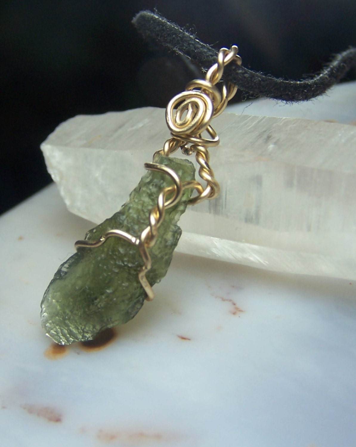 Moldavite necklace pendant 14 Karat Gold fill wire wrap