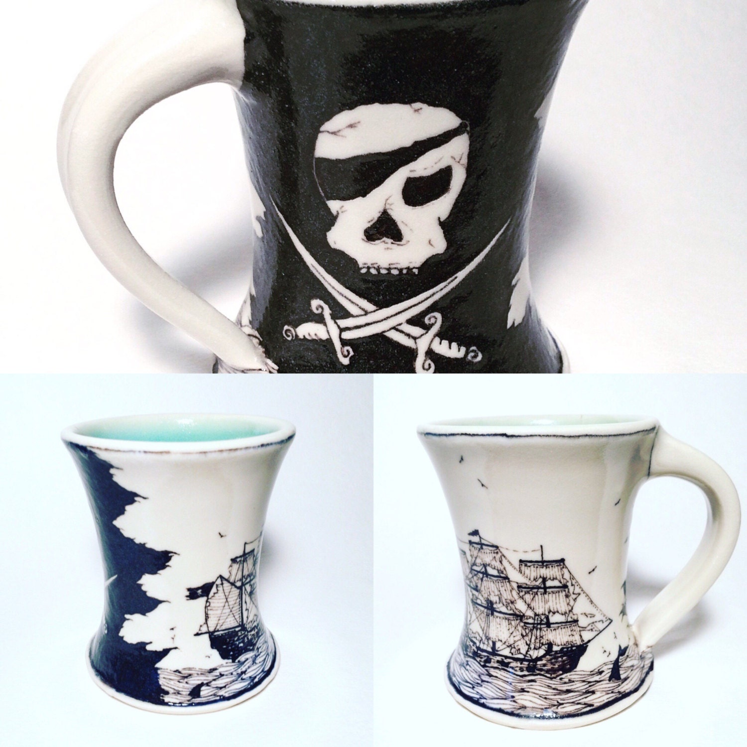 Pirate mug with hand drawn scrimshaw inspired decoration