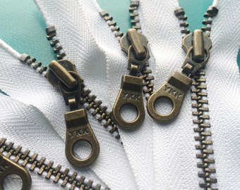 YKK Zippers- Antique Brass Donut Pull Metal Zipper- 501 White- (5) Pieces- Available in 4,6,7,8,9,10,12,13,14 and 19 inches