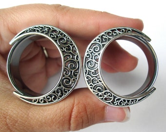 Pair of Silver Swirl Moon Tunnels - Girly Plugs - Feminine Gauges - Handmade - 26mm 28mm 30mm 32mm Boho Bohemian