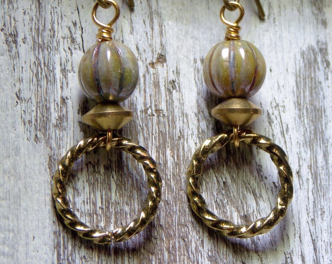 Textured Brass Gold Ring Earrings Czech Earrings Boho Earrings Dangle Small Earrings Jewelry