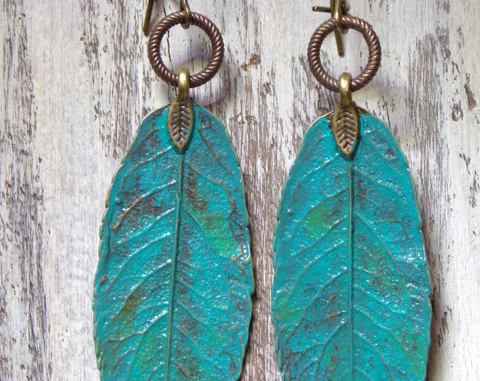 Leaf Earrings Feather Earrings Dangle Bohemian Earrings Rustic Patina Turquoise Boho Earrings Dangle Jewelry Earrings Light Leaf Woodland