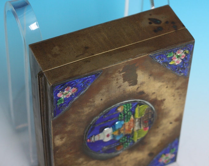 Chinese Cloisonne Enameled Brass Box Temple Cedar Wood Lining Humidor Vintage