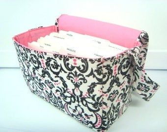 Super Large Size Fabric Coupon Organizer Holder Box- White with Black and Pink Damask
